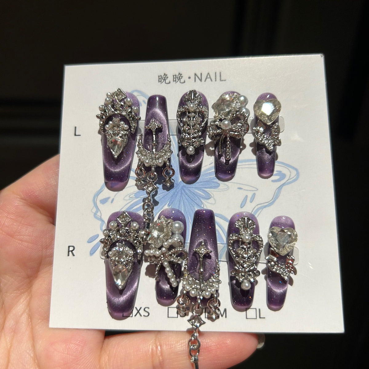 Handmade Purple Cat Eye Long Coffin Press On Nails with Silver Rhinestone Crown, Bow & Heart Crystal Charms, Pearls & Dangling Chains