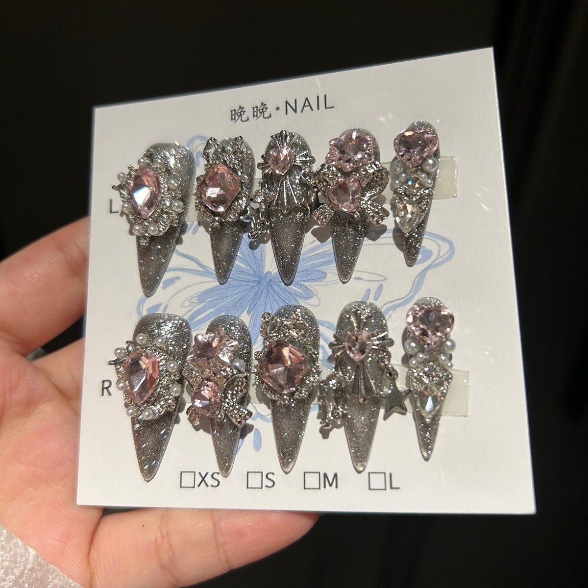 Handmade Silver Cat Eye Long Stiletto Press On Nails with Pink Heart Crystals, Rhinestone Bows & Pearl Charms