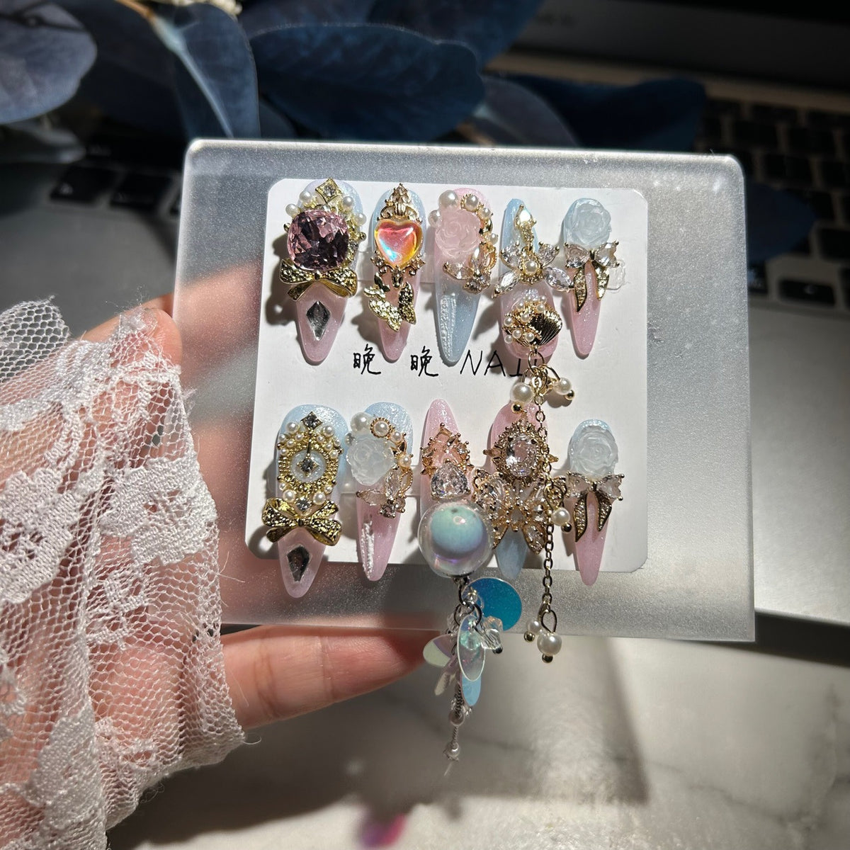 Handmade Pink Blue Gradient Cat Eye Long Stiletto Press On Nails with 3D White Roses, Gold Rhinestone Charms, Iridescent Bubble Ball & Pearl Chain Tassels