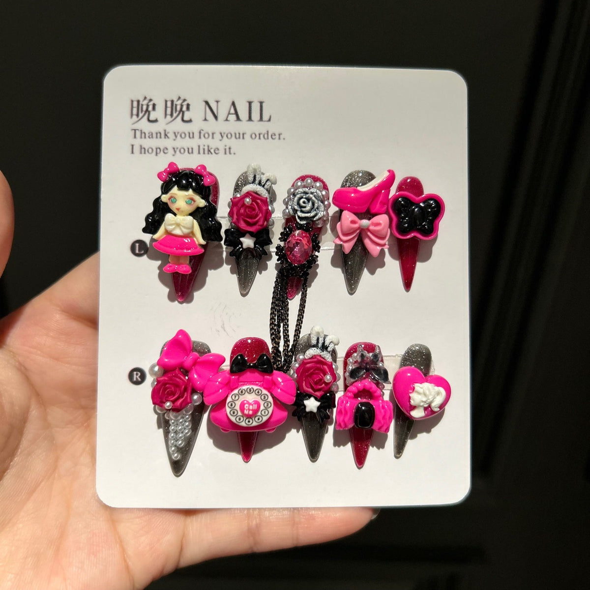 Black & Pink Cat Eye Stiletto Press-on Nails with 3D Anime Doll, Retro Telephone, Rose Flower, High Heels, and Interlinked Chain - Y2K Kawaii Fake Nail Set