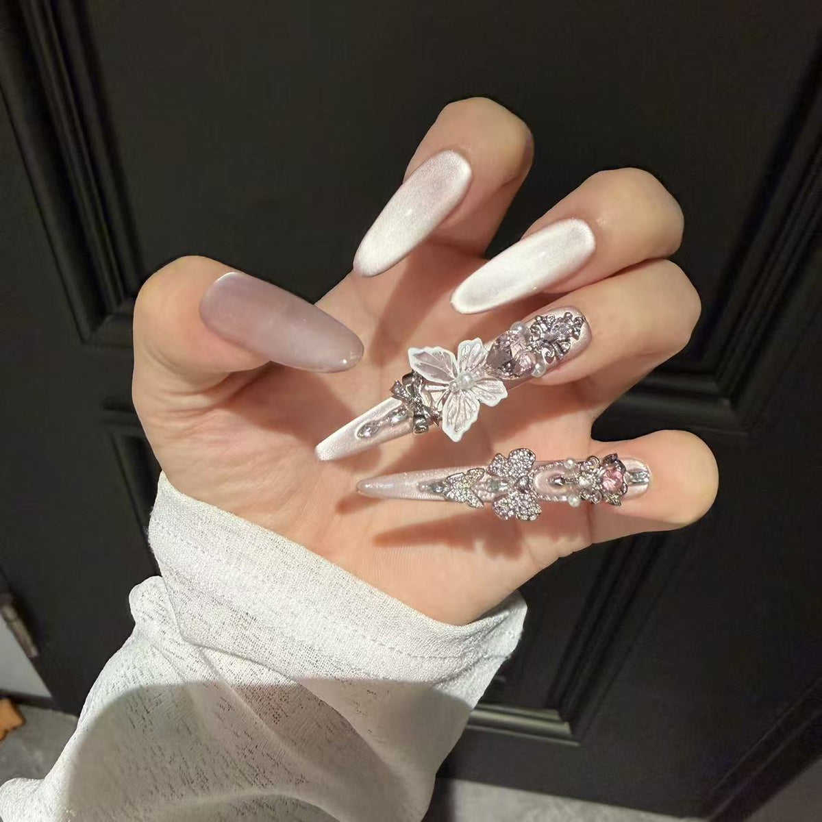 Ice White Cat Eye Stiletto Press-on Nails with 3D Butterfly, Rhinestone, and Pearl Accents - Luxury Fairy Fake Nail Set