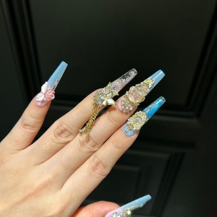 Handmade Pink Blue Ombre Gold Rose Long Coffin Press On Nails with Crystals & Chains