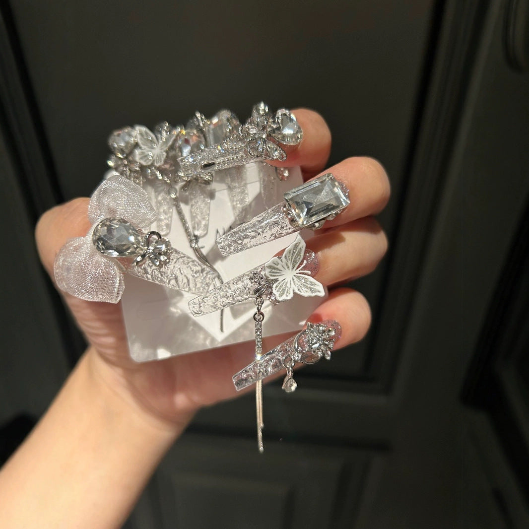 Handmade Clear Silver Glitter Butterfly Long Stiletto Press On Nails with Lace Bow & Rhinestone Chains