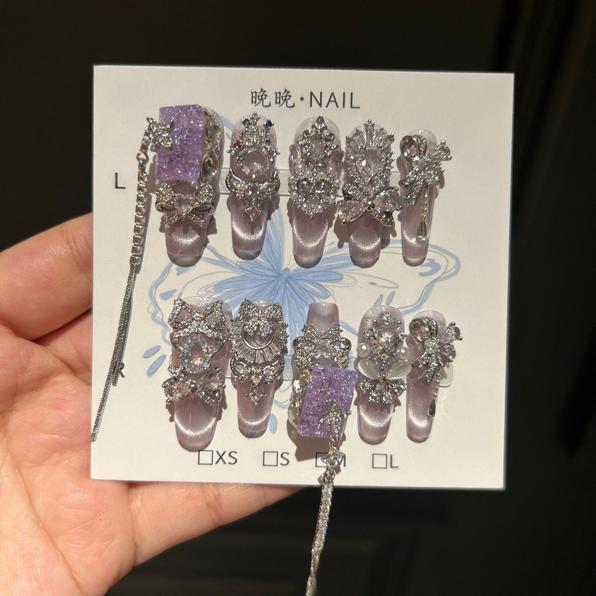 Handmade Light Lavender Metallic Long Coffin Press On Nails with Purple Crushed Stone Accents, Silver Rhinestone Moon & Bow Charms, Long Tassel Chains