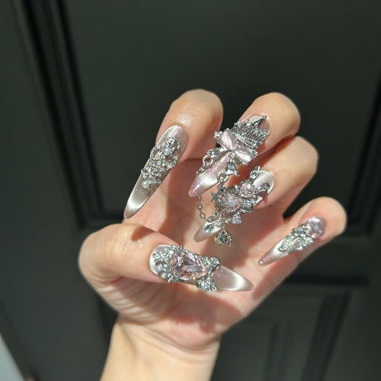 Handmade Nude Pink Cat Eye Press On Nails, Long Stiletto Fantasy Princess False Nails with Giant Pink Heart Rhinestones, Silver Castle Charms, Rhinestone Bows, Pearls & Dangling Silver Chains, Reusable Fake Nails for Wedding, Party & Cosplay