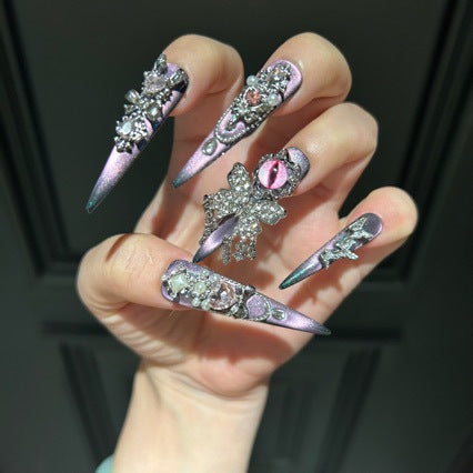 Handmade Purple Chameleon Evil Eye Long Stiletto Press On Nails with Rhinestone Bow & Crystals