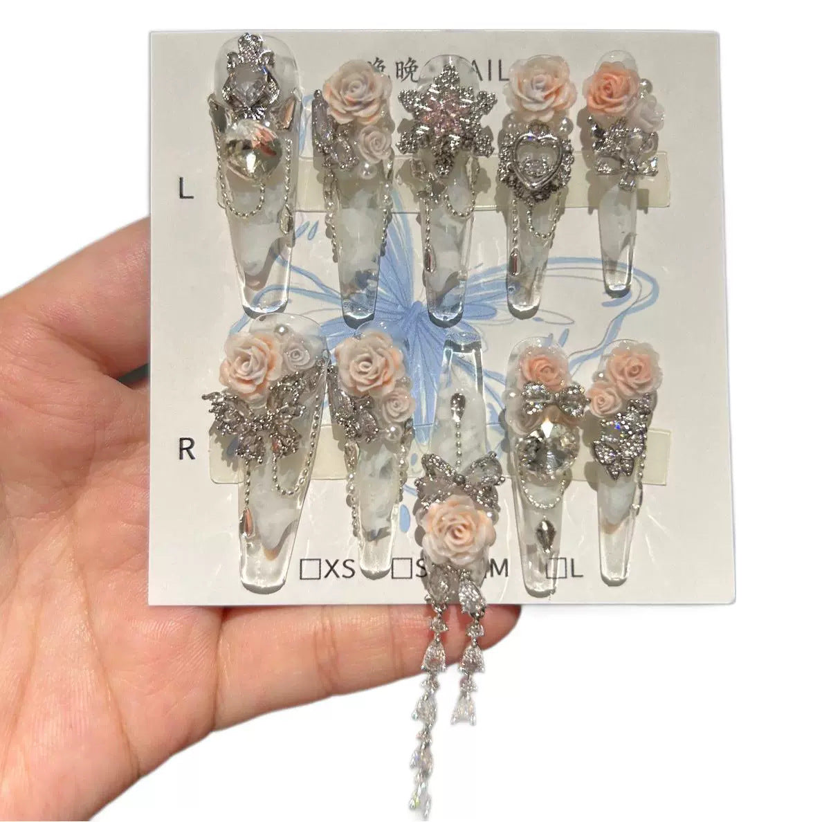 Handmade Clear Marble Long Stiletto Press On Nails with 3D Peach Roses, Silver Rhinestone Butterfly & Bow Charms, Heart Crystals & Dangling Chains