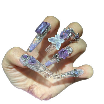 Handmade Clear Glitter Lavender Gradient Long Coffin Press On Nails with Purple Crystal & 3D Butterfly Charms