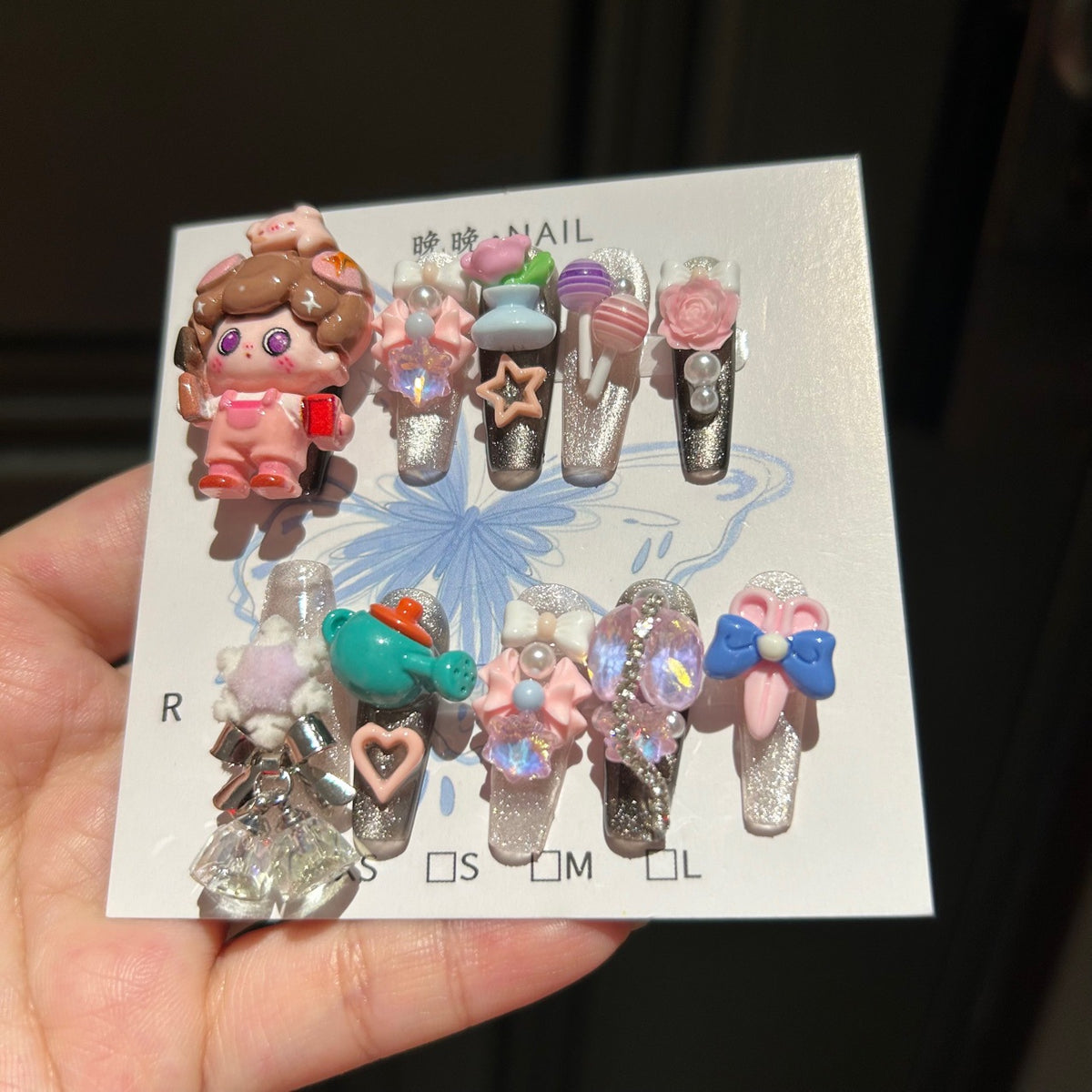 Handmade Black Glitter Long Square Press On Nails with 3D Cartoon Doll Resin Charms, Teapot, Tulip, Lollipop, Roses, Bows & Rhinestone Accents