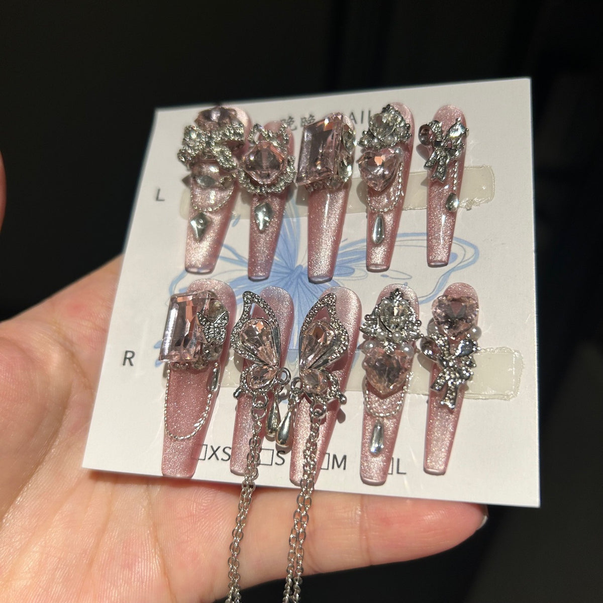Handmade Pink Glitter Butterfly Crystal Long Coffin Press On Nails with Rhinestone Chains