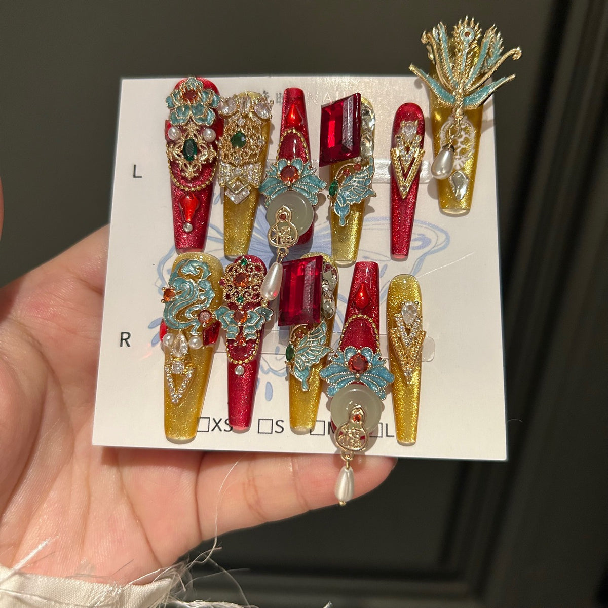 Handmade Chinese Style Red & Gold Long Coffin Press On Nails with Phoenix Metal Charms, Jade Accents, Red Gems, Pearls & Dangling Pendants