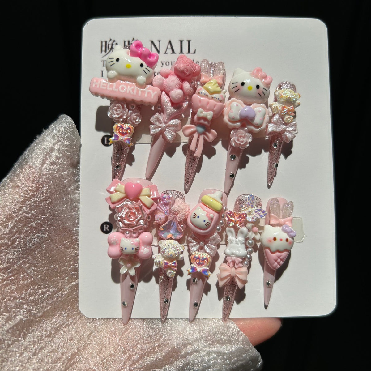 Handmade Pink Glitter Kawaii Long Stiletto Press On Nails with Hello Kitty Charms, 3D Bunnies, Bears, Bows, Roses & Iridescent Rhinestones