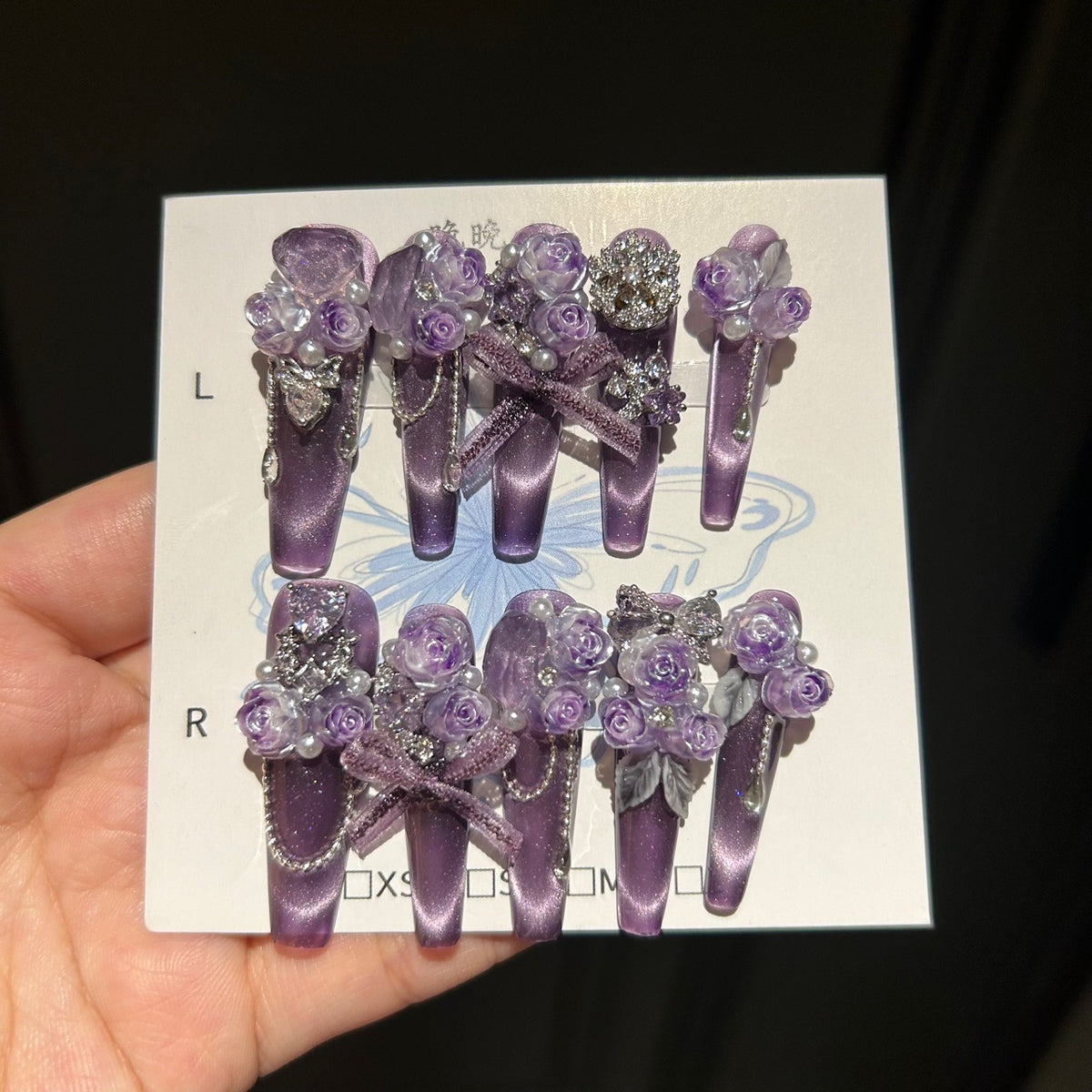 Handmade Purple Cat Eye Press On Nails, Long Coffin Fairy False Nails with 3D Purple Roses, Pearls, Rhinestones & Dangling Chains, Reusable Fake Nails for Wedding Party