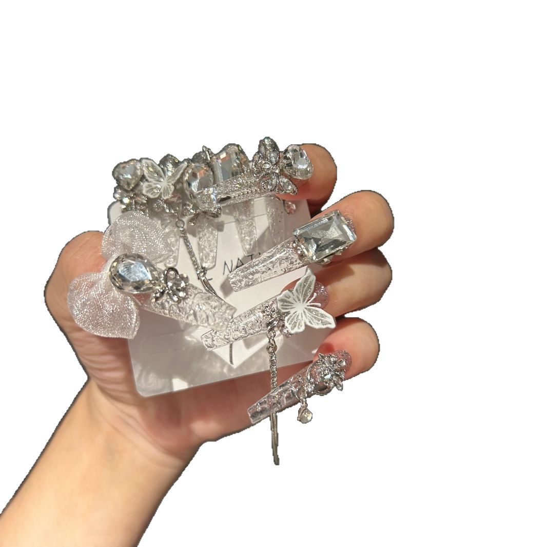 Silver Glitter Coffin Press-on Nails with 3D Mesh Bowknot, Crystal Rhinestone, and Hanging Chain Charms - Luxury Fairy Fake Nail Set