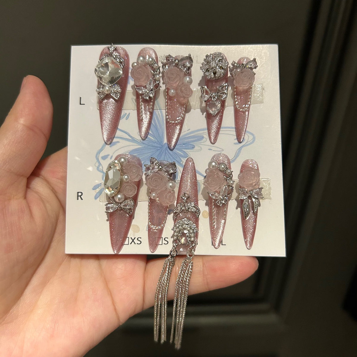 Handmade Dusty Pink Cat Eye Long Stiletto Press On Nails with Frosted 3D Pink Roses, Big Rhinestones, Pearl Accents & Long Silver Tassel Chains