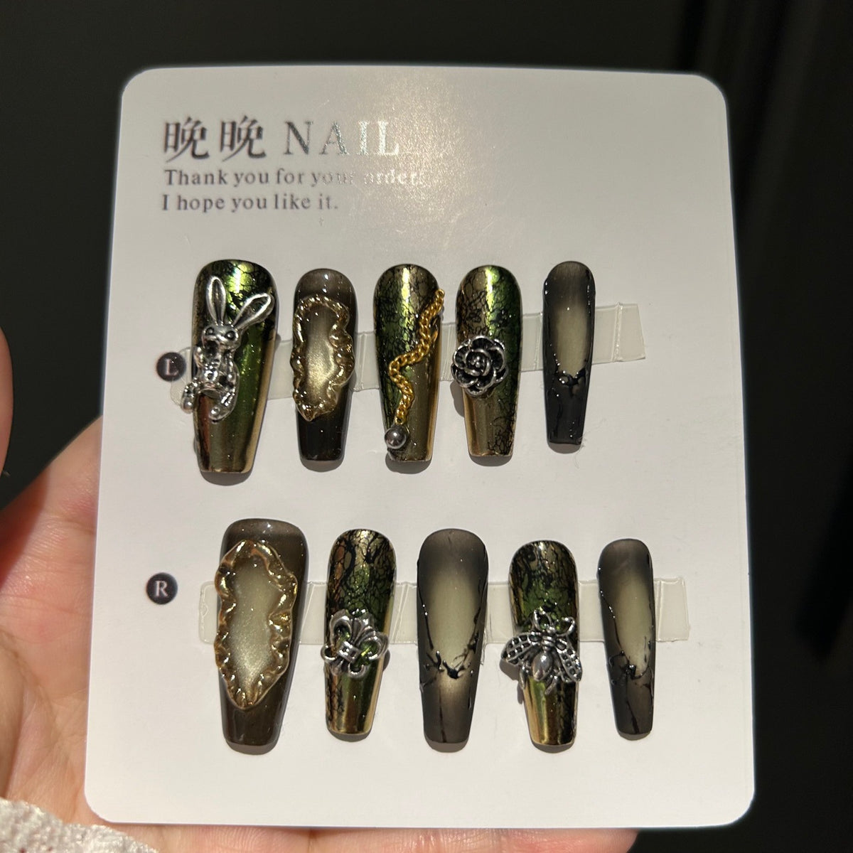 Handmade Moss Green Metallic Long Coffin Press On Nails with Silver Bunny, Bee & Rose Charms, Crackle Texture, Gold Frame Decor