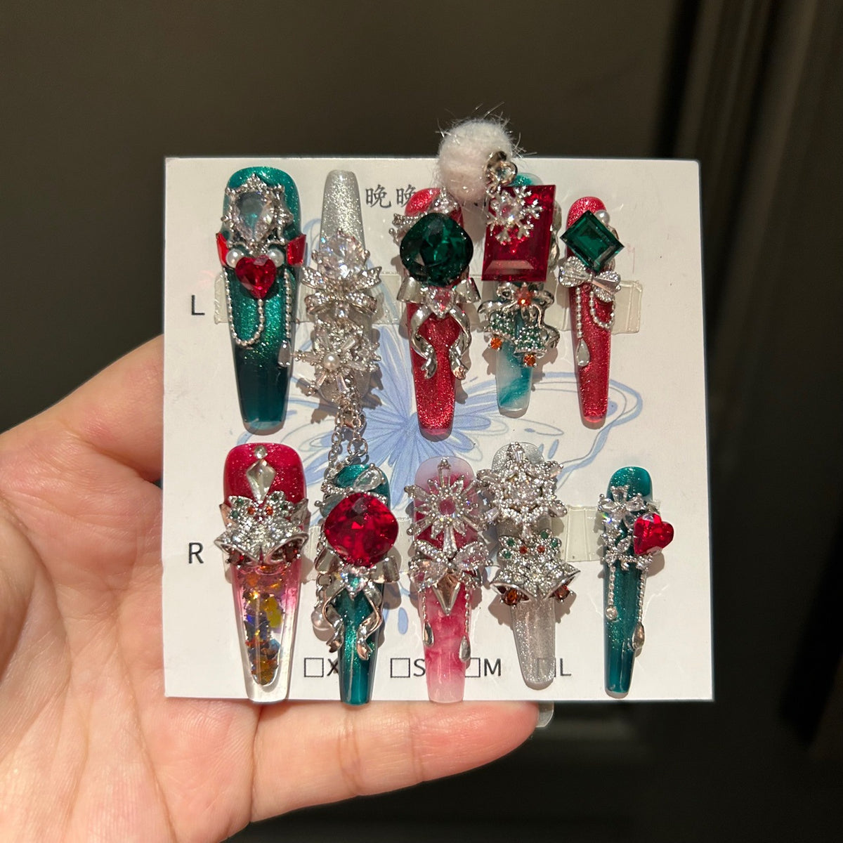 Red and Green Christmas Coffin Press-on Nails with 3D Ruby, Emerald Gem, Snowflake, and Hanging Chain Charms - Holiday Glam Fake Nail Set