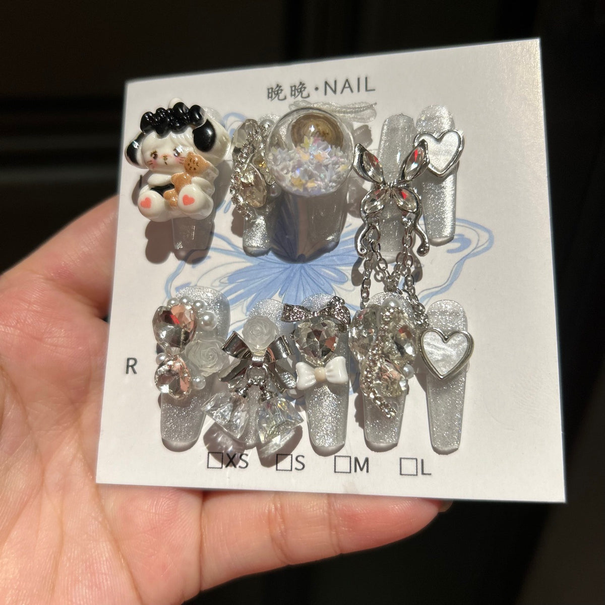 Handcrafted Designer Y2K Press-on Nails - Shimmering Cat Eye Base with Heavy 3D Anime Puppy, Floating Glitter Ball and Rhinestones