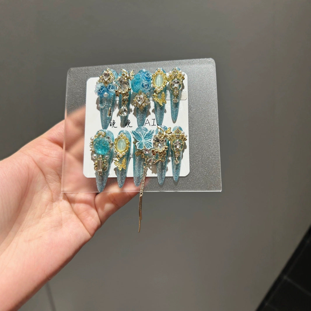 Handmade Turquoise Glitter Long Stiletto Press On Nails with 3D Blue Roses, Lace Butterfly, Gold Frame Charms & Dangling Chains