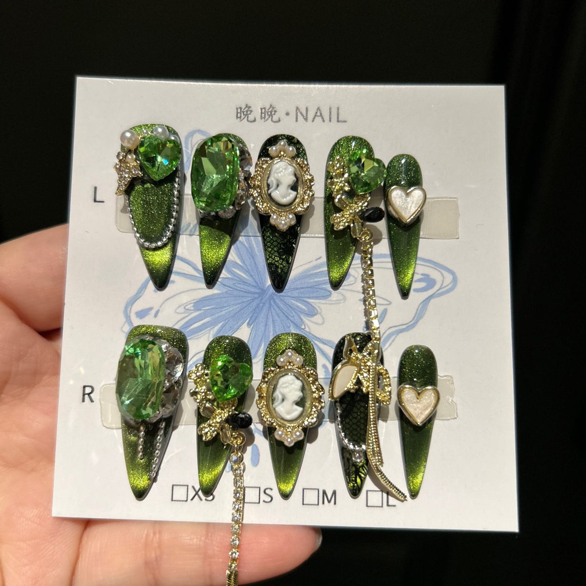 Handmade Emerald Green Cat Eye Stiletto Press On Nails with Giant Green Crystals, Vintage Cameo Portrait, Gold Filigree & Pearl Accents