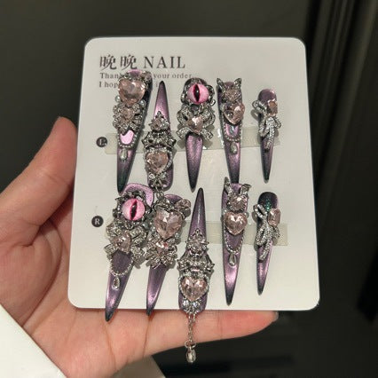 Handmade Dark Purple Metallic Long Stiletto Press On Nails with Pink Evil Eye Charms, Giant Pink Heart Crystals, Rhinestone Clusters & Dangling Silver Chains