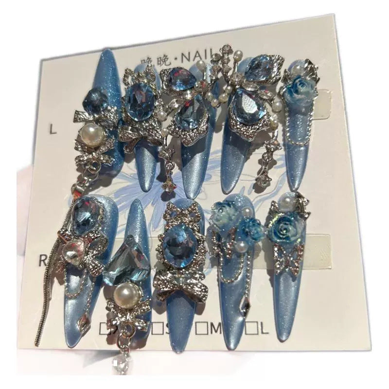 Handmade Sparkly Blue Rose Butterfly Long Stiletto Press On Nails with Blue Crystals & Chains