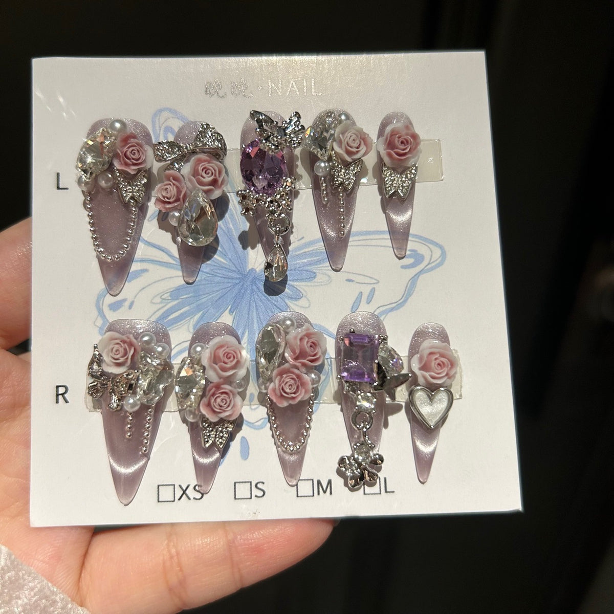 Dusty Pink & Purple Cat Eye Stiletto Press-on Nails with 3D Sculpted Rose, Crystal Gem, and Beaded Chain Charms - Luxury Glam Fake Nail Set