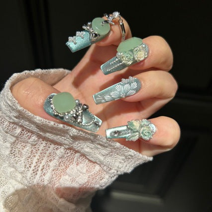 Handmade Mint Green Cat Eye Long Coffin Press On Nails with Jade Charms, 3D Roses & Silver Tassel Chains