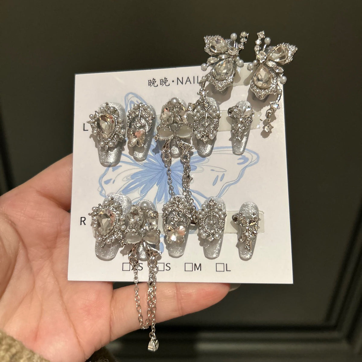 Handmade Silver Cat Eye Long Coffin Press On Nails with Giant Rhinestone Butterfly, Pearls & Dangling Chain Charms