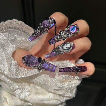 Handcrafted Luxury Purple Gothic Press-on Nails - Baroque Style Cameo, Pearl, and Evil Eye Charms - Exquisite Nail Art Kit