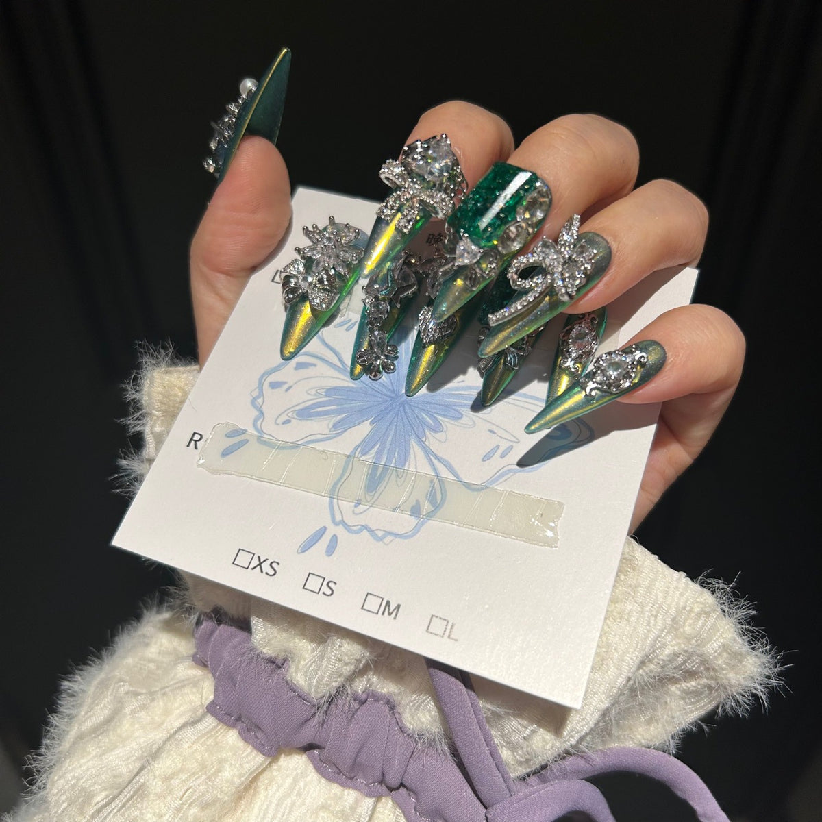 Handmade Green Chameleon Long Stiletto Press On Nails with Emerald Crushed Gem Blocks, Silver Rhinestone Butterfly & Bow Charms, Pearls & Dangling Chains