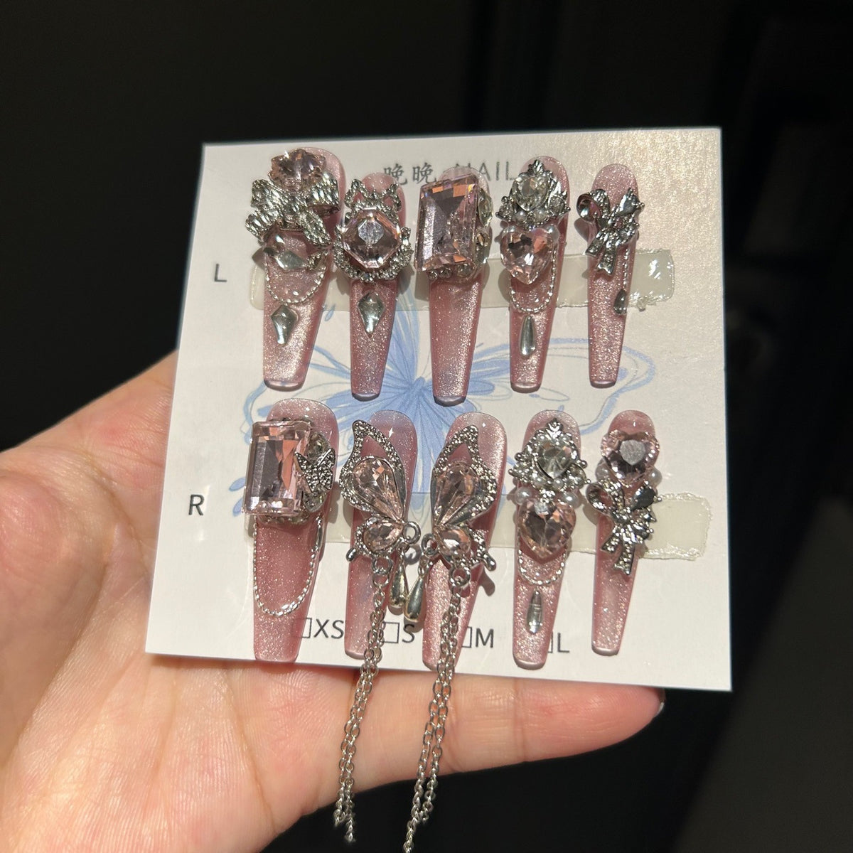 Handmade Pink Glitter Butterfly Crystal Long Coffin Press On Nails with Rhinestone Chains
