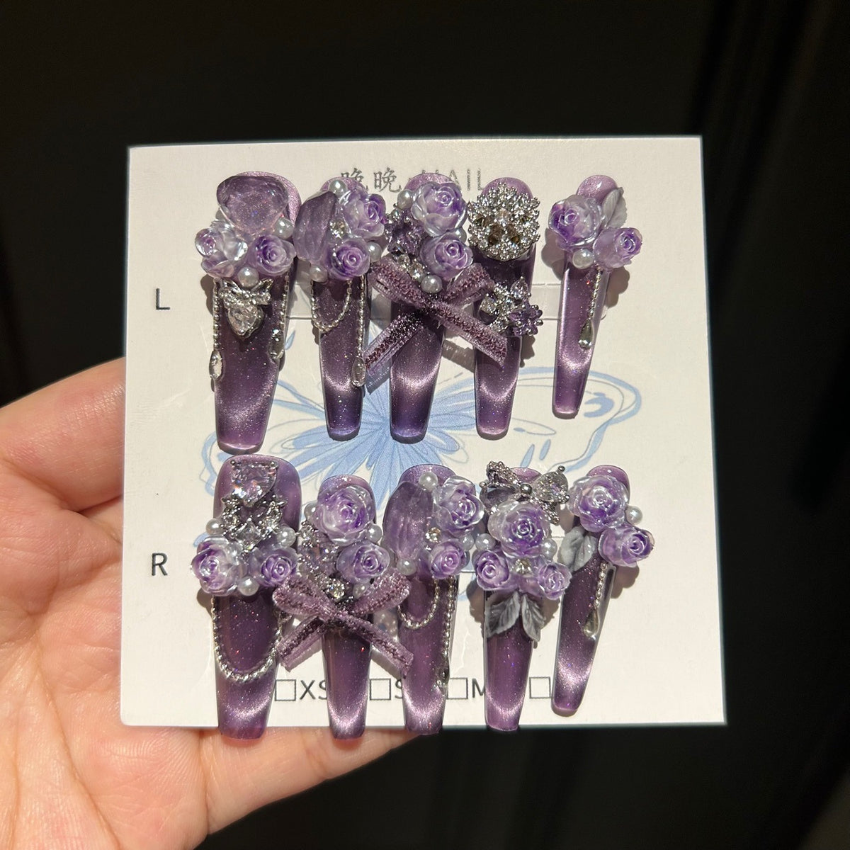 Handmade Purple Cat Eye Press On Nails, Long Coffin Fairy False Nails with 3D Purple Roses, Pearls, Rhinestones & Dangling Chains, Reusable Fake Nails for Wedding Party