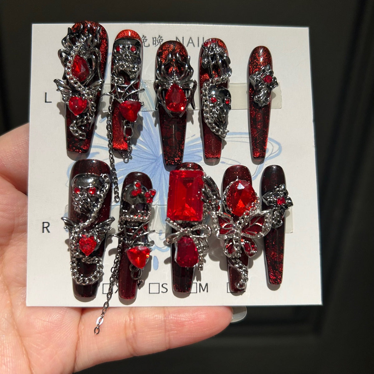 Handmade Dark Red Glitter Long Coffin Press On Nails with Black Metal Skull & Dragon Charms, Giant Red Crystals & Silver Chain Tassels