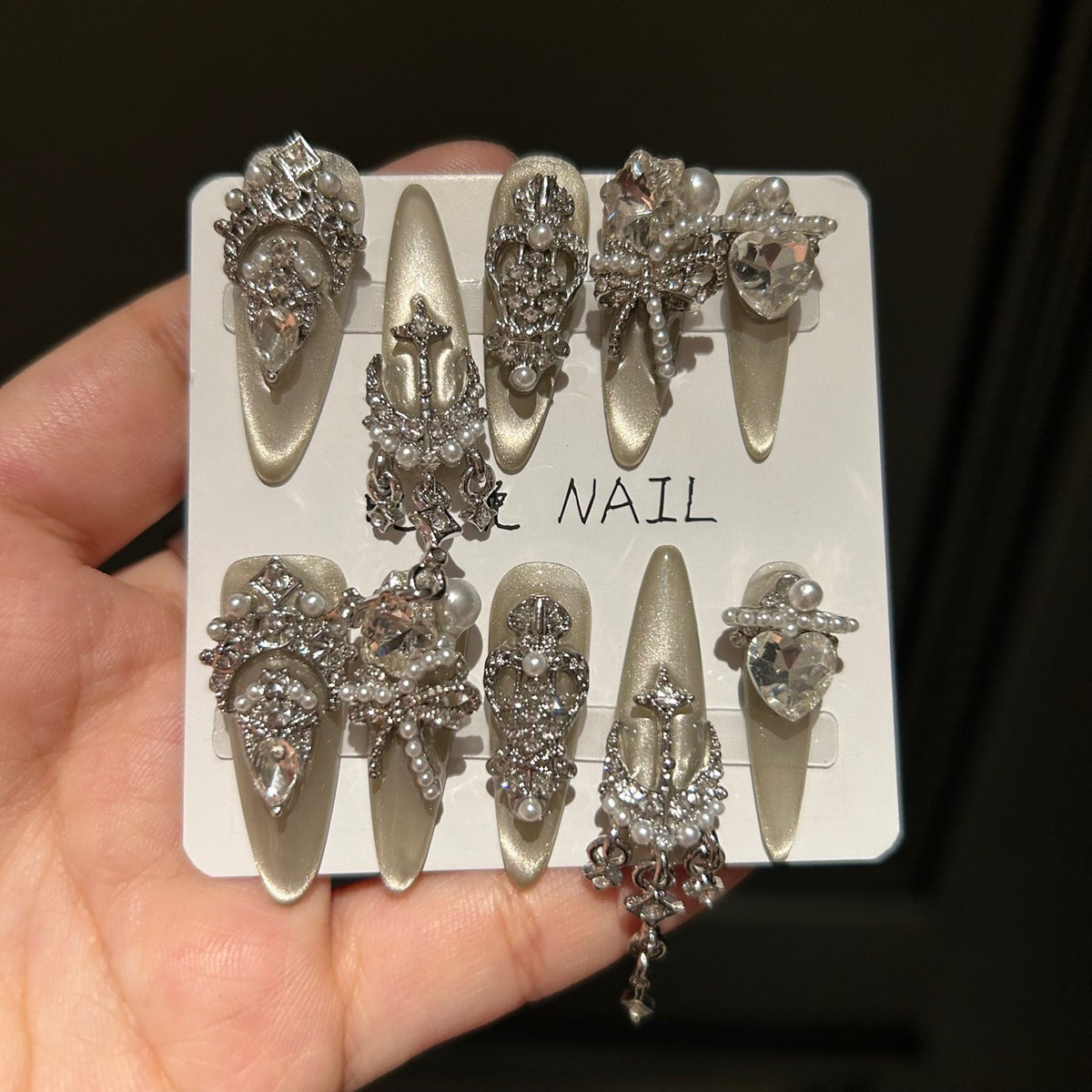 Handmade Champagne Gold Crown Long Stiletto Press On Nails with Pearls, Heart Crystals & Dangling Charms
