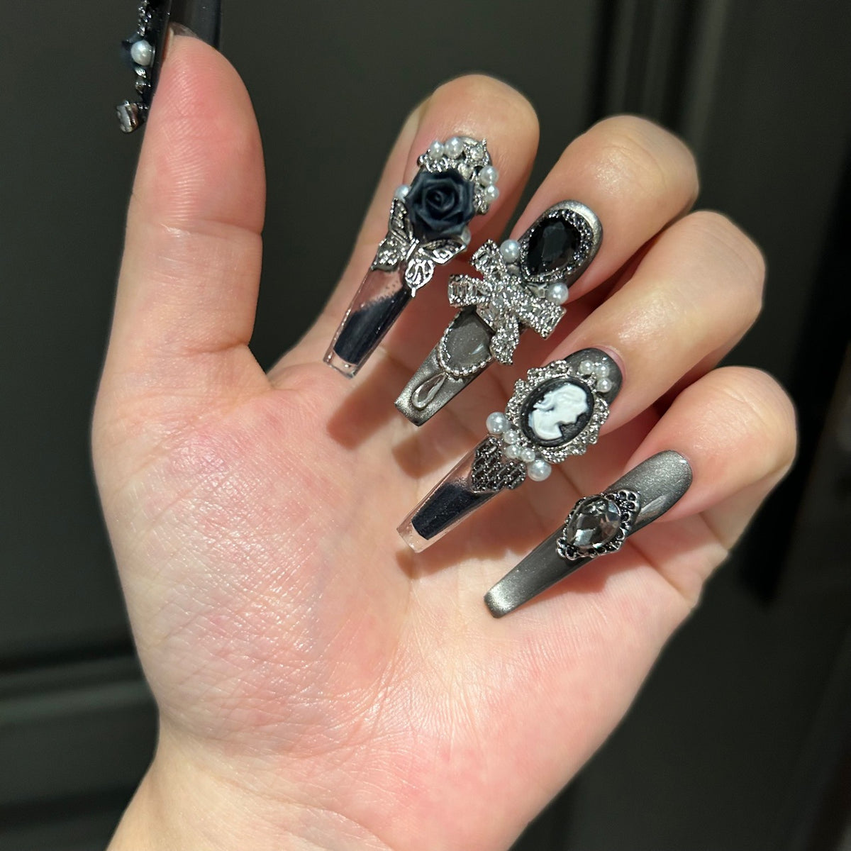 Handmade Gunmetal Metallic Long Coffin Press On Nails with Black Roses, Vintage Cameo & Rhinestone Bow Charms