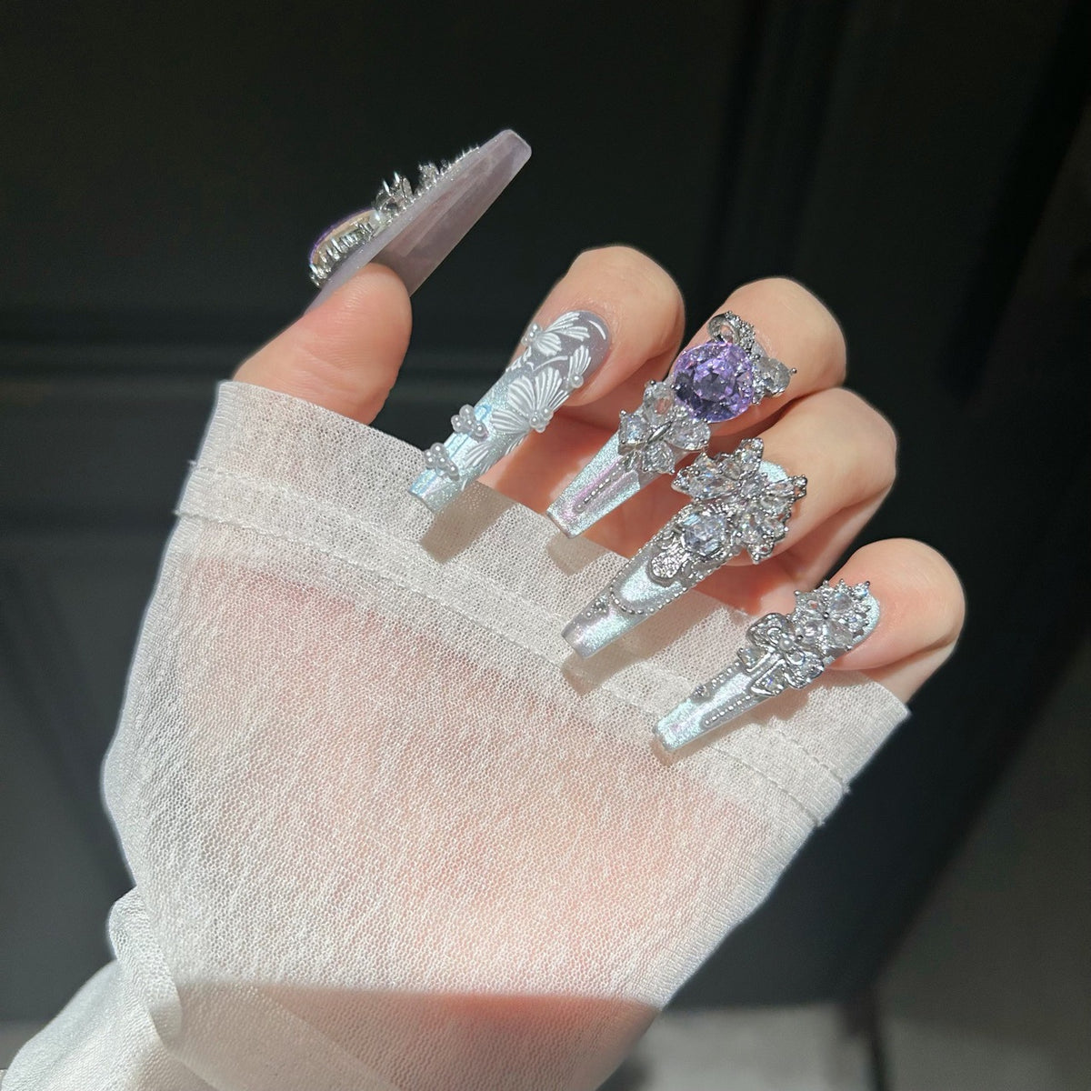 Handmade Mint Green Cat Eye Long Coffin Press On Nails with Giant Purple Heart Crystals, White 3D Butterfly Prints, Silver Rhinestone Bows & Dangling Chains