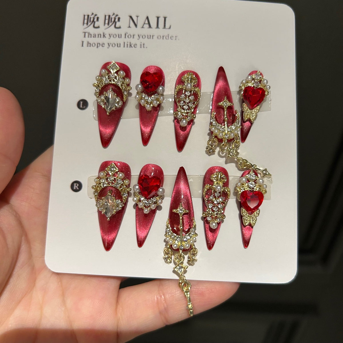 Handmade Red Cat Eye Long Coffin Press On Nails with Red Heart Crystals, Gold Frames & Dangling Gold Chain Charms