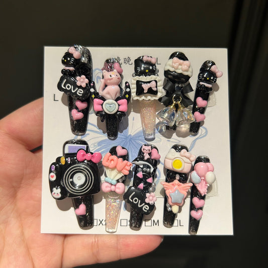 Handmade Black Kawaii Hello Kitty Long Stiletto Press On Nails with 3D Resin Charms