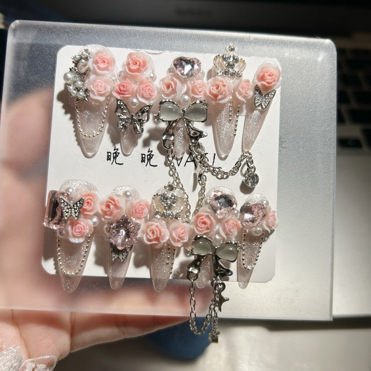Handmade Sheer Pink Glitter Long Stiletto Press On Nails with 3D Pink Roses, Crown, Pink Heart Crystals & Silver Chain Tassels