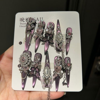 Handmade Purple Cat Eye Long Stiletto Press On Nails with Black Butterfly, Pink Crystal & Vintage Cameo Charms