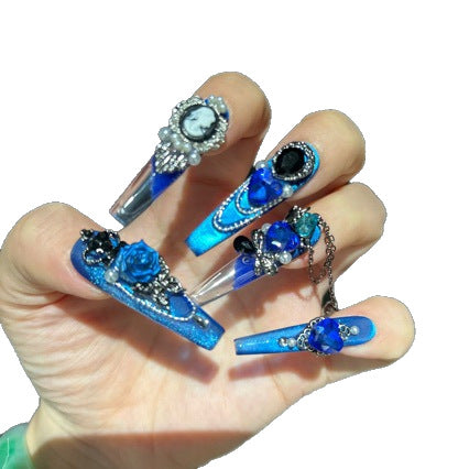 Handmade Royal Blue Vintage Long Coffin Press On Nails, Cameo Portrait False Nails with 3D Blue Rose, Butterfly, Pearls & Dangling Chains