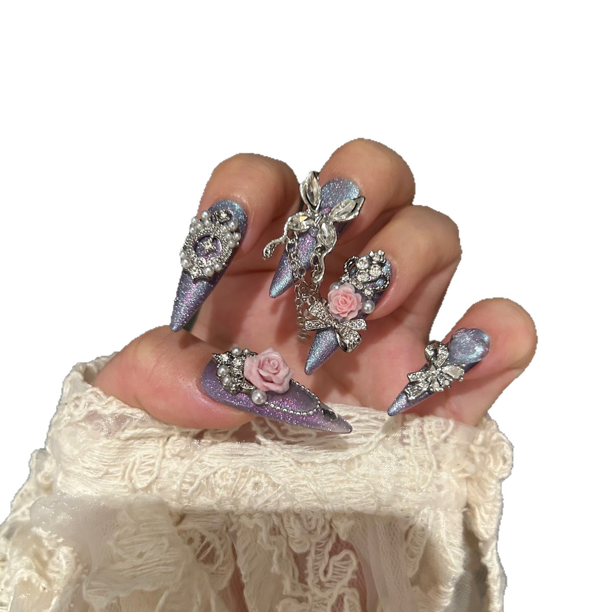 Handmade Smoky Grey Press On Nails | Luxury Dark Cat Eye & 3D Butterfly Reusable Fake Nails, Heavy Industry Rhinestone Nail Art
