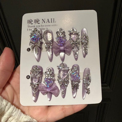 Handmade Lavender Metallic Long Stiletto Press On Nails with Iridescent 3D Roses, Glitter Bows, Rhinestone Butterfly & Crown Charms, Pearl Accents