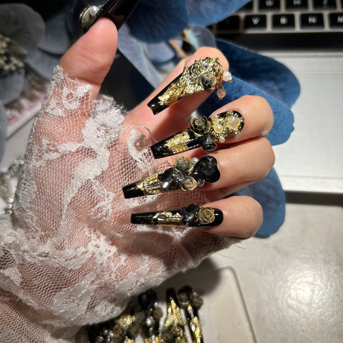 Handmade Black Gold Gothic Rose Long Coffin Press On Nails with Heart Gems & Chains