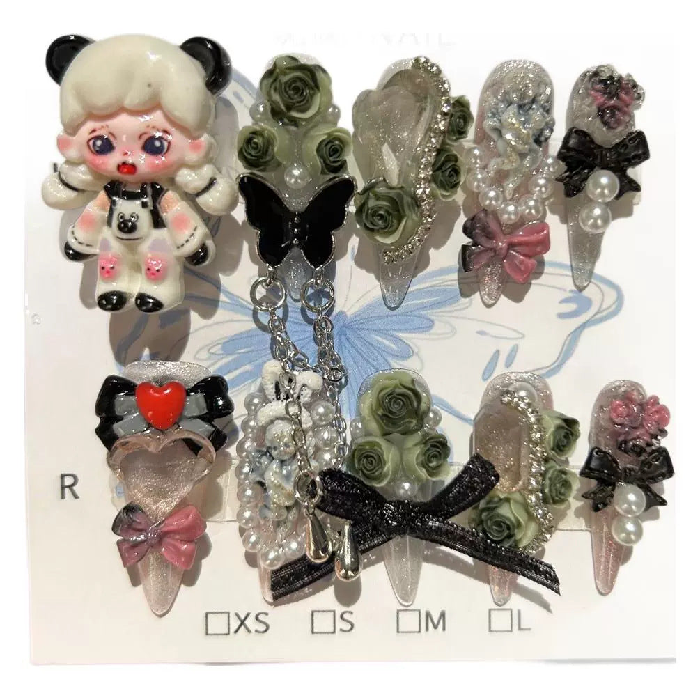 Handmade Clear Glitter Long Stiletto Press On Nails with 3D Panda Girl Resin Charms, Dark Green Roses, Butterfly, Fabric Bows, Pearls & Dangling Chains