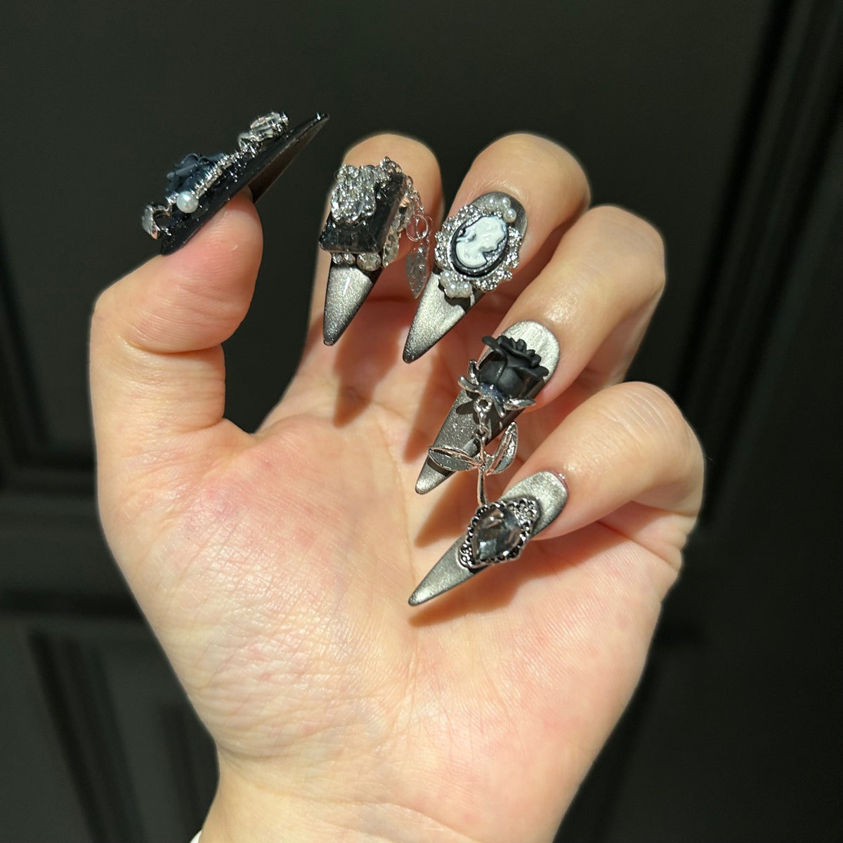 Handmade Black Gothic Cameo Portrait Long Stiletto Press On Nails with Black Roses & Rhinestone Chains