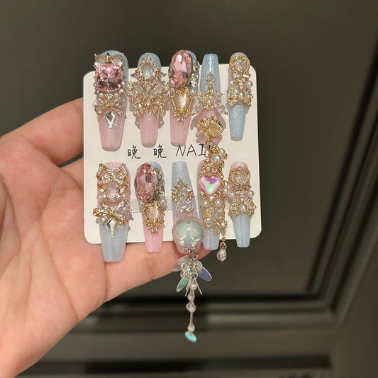 Handmade Pink Blue Ombre Gold Butterfly Long Coffin Press On Nails with Pink Crystals & Dangling Chains