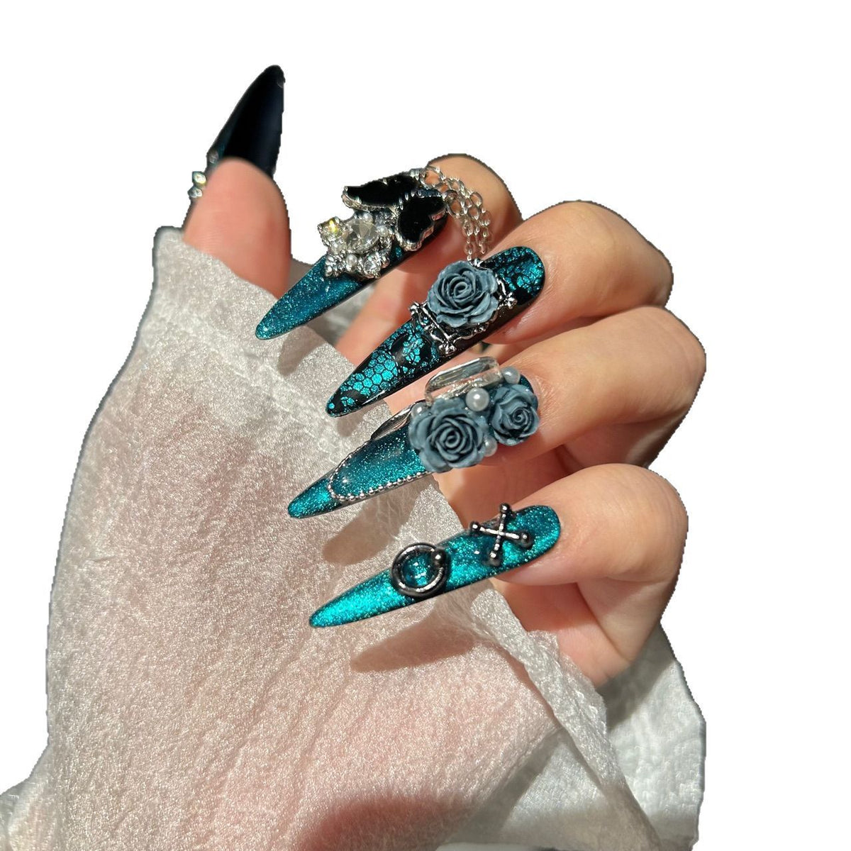 Handmade Teal Glitter Long Stiletto Press On Nails with Dusty Blue 3D Roses, Black Butterfly & Crystal Tassel Charms