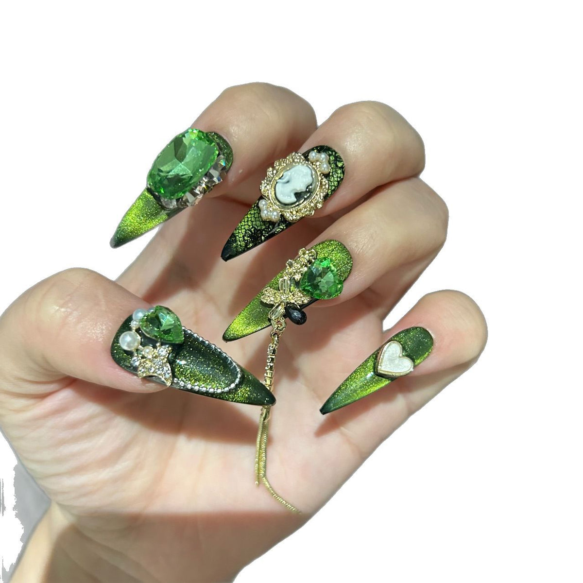 Handmade Emerald Green Cat Eye Stiletto Press On Nails with Giant Green Crystals, Vintage Cameo Portrait, Gold Filigree & Pearl Accents